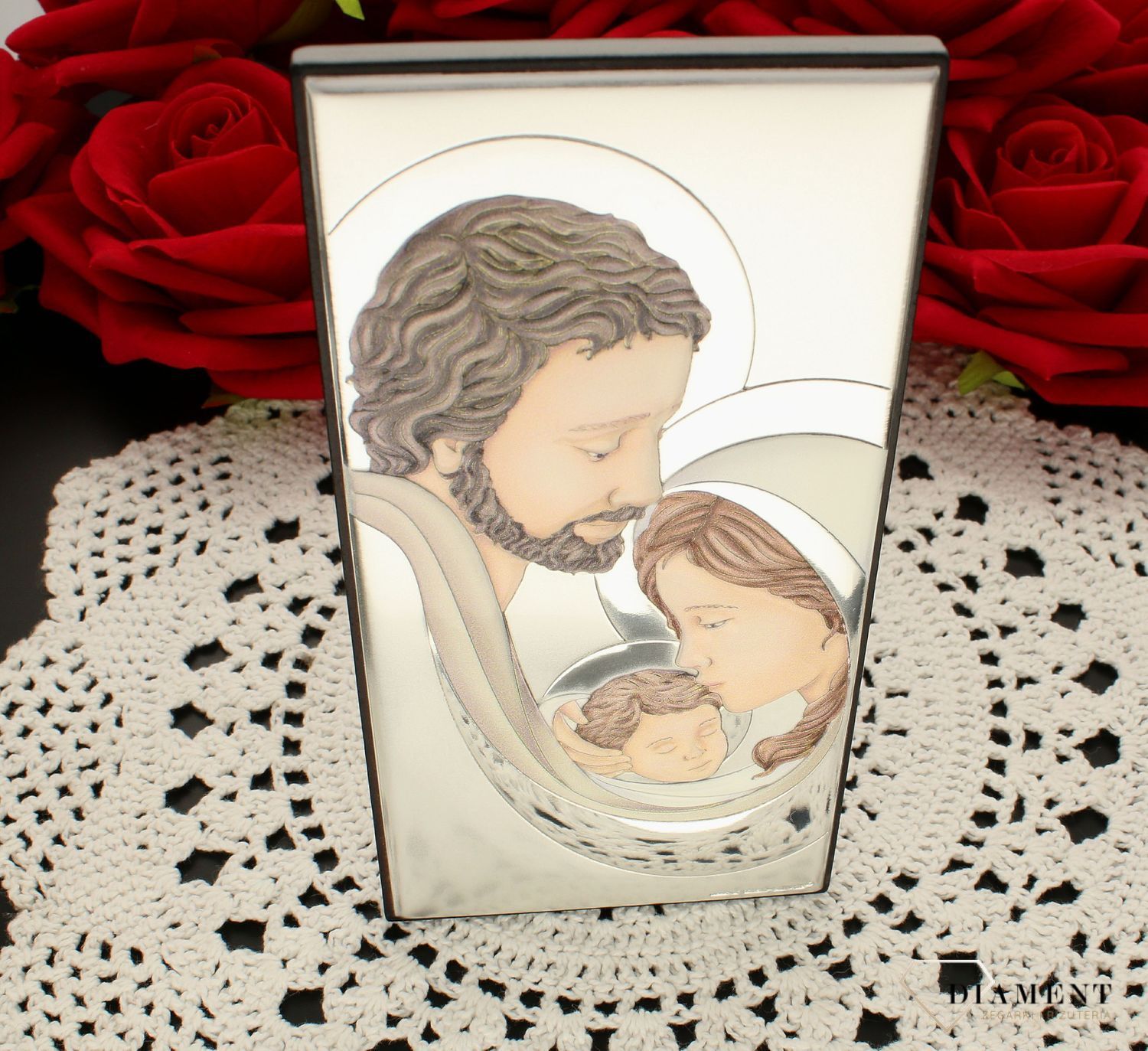 Obrazek srebrny Rodzina Święta w kolorze 6650.2 COL. Idealna pamiątka ślubu dla pary młodej lub na rocznicę zawarcia sakramentu małżeństwa. Obrazek z jezusem maryją i józefem. Obrazek święty na ślub..jpg